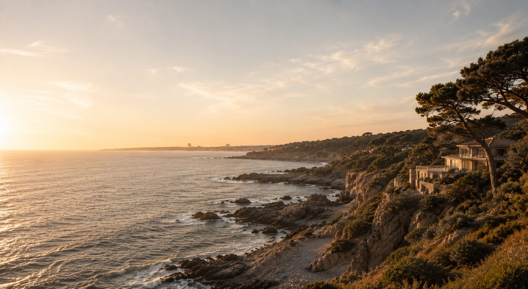 Littoral rocheux vendéen au coucher du soleil, résidence en surplomb de la mer